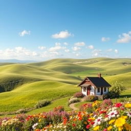 Create an image of a peaceful countryside scene with rolling hills, a clear blue sky, and a small cottage surrounded by colorful flowers