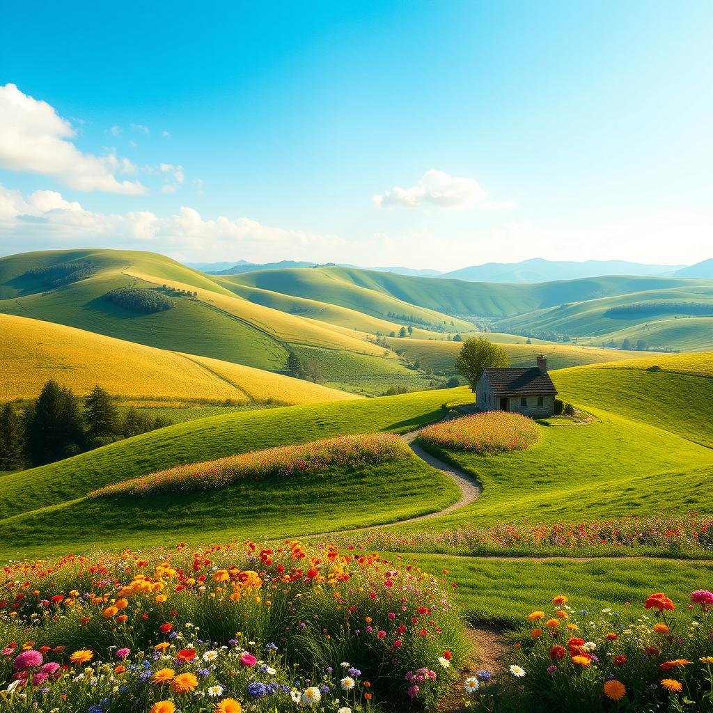 Create an image of a peaceful countryside scene with rolling hills, a clear blue sky, and a small cottage surrounded by colorful flowers