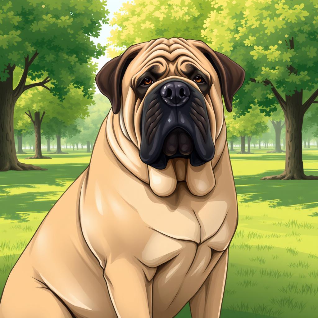 A detailed and realistic illustration of a mastiff dog, showcasing its large size, muscular build, and gentle expression