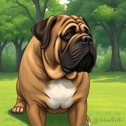 A detailed and realistic illustration of a mastiff dog, showcasing its large size, muscular build, and gentle expression