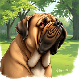 A detailed and realistic illustration of a mastiff dog, showcasing its large size, muscular build, and gentle expression