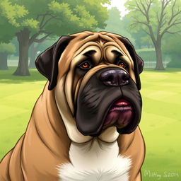 A detailed and realistic illustration of a mastiff dog, showcasing its large size, muscular build, and gentle expression