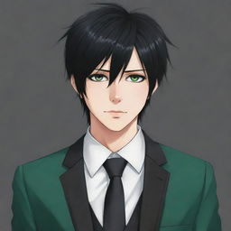 Emo style anime boy with black hair and striking green eyes, dressed elegantly in a suit for a profile picture