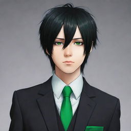 Emo style anime boy with black hair and striking green eyes, dressed elegantly in a suit for a profile picture