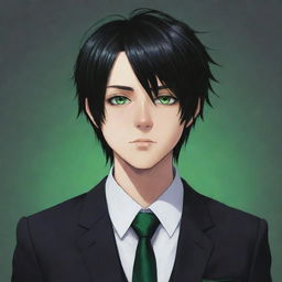 Emo style anime boy with black hair and striking green eyes, dressed elegantly in a suit for a profile picture