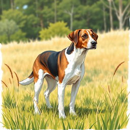 A detailed illustration of a hunting dog in a natural outdoor setting