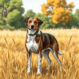 A detailed illustration of a hunting dog in a natural outdoor setting