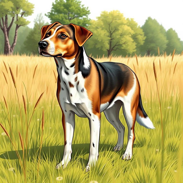 A detailed illustration of a hunting dog in a natural outdoor setting