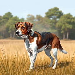 A detailed illustration of a hunting dog in a natural outdoor setting