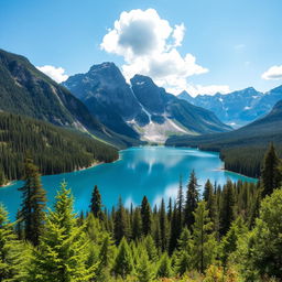 A serene and picturesque landscape featuring a clear blue lake surrounded by lush green forests and majestic mountains