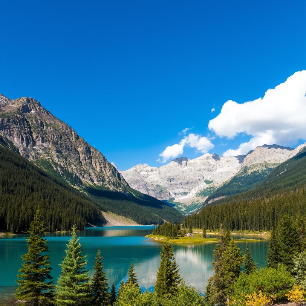 A serene and picturesque landscape featuring a clear blue lake surrounded by lush green forests and majestic mountains