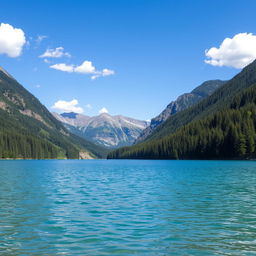 A serene and picturesque landscape featuring a clear blue lake surrounded by lush green forests and majestic mountains