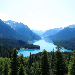 A serene and picturesque landscape featuring a clear blue lake surrounded by lush green forests and majestic mountains