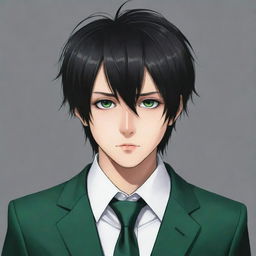 Emo style anime boy with black hair and striking green eyes, dressed elegantly in a suit for a profile picture