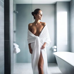 A beautiful woman stepping out of the shower, steam surrounding her, with a towel wrapped around her body