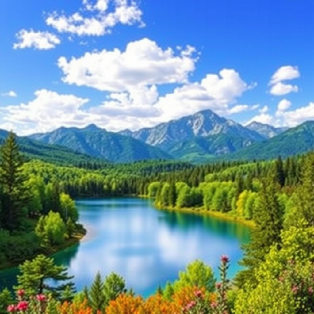 A colorful and vibrant landscape featuring a serene lake surrounded by lush green trees, with a clear blue sky overhead and mountains in the background