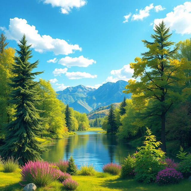 A colorful and vibrant landscape featuring a serene lake surrounded by lush green trees, with a clear blue sky overhead and mountains in the background