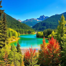 A colorful and vibrant landscape featuring a serene lake surrounded by lush green trees, with a clear blue sky overhead and mountains in the background