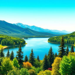 A colorful and vibrant landscape featuring a serene lake surrounded by lush green trees, with a clear blue sky overhead and mountains in the background