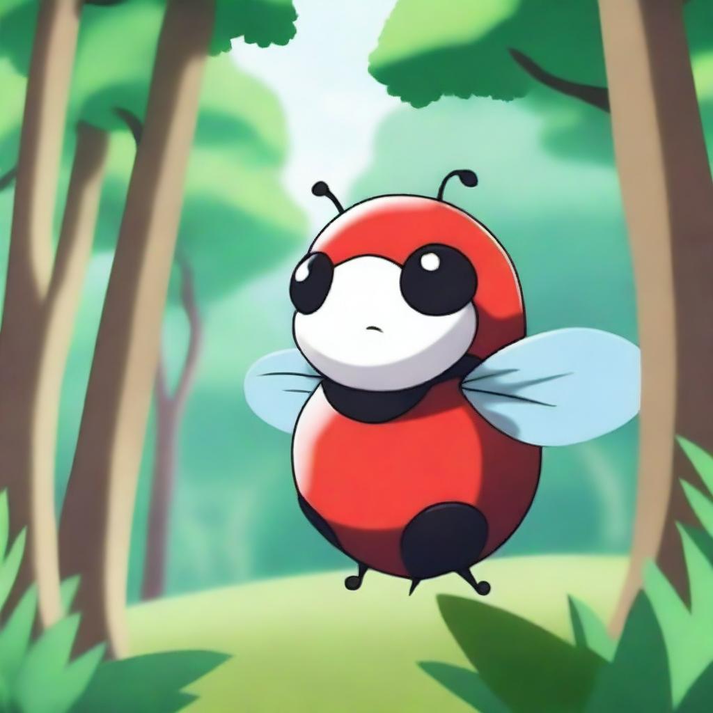 Create an image of Ledian, the ladybug Pokémon, in a vibrant forest setting