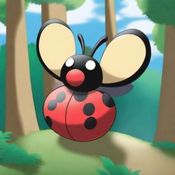 Create an image of Ledian, the ladybug Pokémon, in a vibrant forest setting