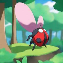 Create an image of Ledian, the ladybug Pokémon, in a vibrant forest setting