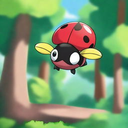 Create an image of Ledian, the ladybug Pokémon, in a vibrant forest setting