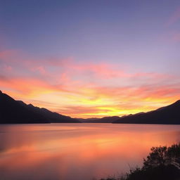 A beautiful sunset over a serene lake surrounded by mountains