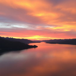 A beautiful sunset over a serene lake surrounded by mountains