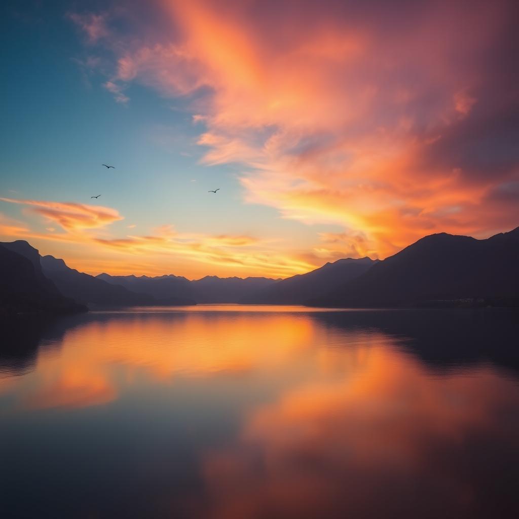 A beautiful sunset over a serene lake surrounded by mountains