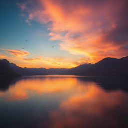 A beautiful sunset over a serene lake surrounded by mountains