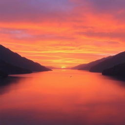 A beautiful sunset over a serene lake surrounded by mountains