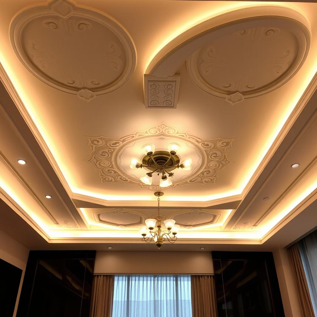 A beautifully designed false ceiling made of drywall with elegant lighting