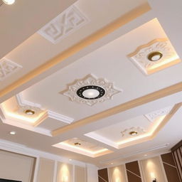 A beautifully designed false ceiling made of drywall with elegant lighting