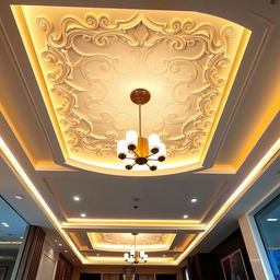 A beautifully designed false ceiling made of drywall with elegant lighting