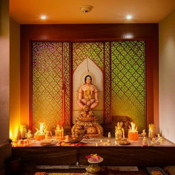 A serene and tranquil Pooja room adorned with religious icons, incense, and soft lighting