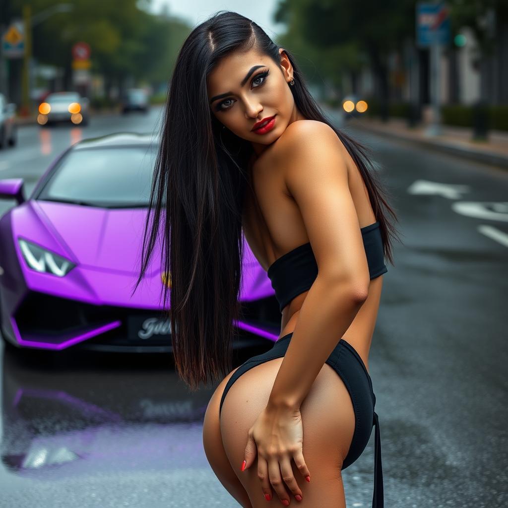 A full-body image of a beautiful Turkish woman with long, straight black hair, gray eyes, long eyelashes, red lips, thick eyebrows, and a well-defined nose