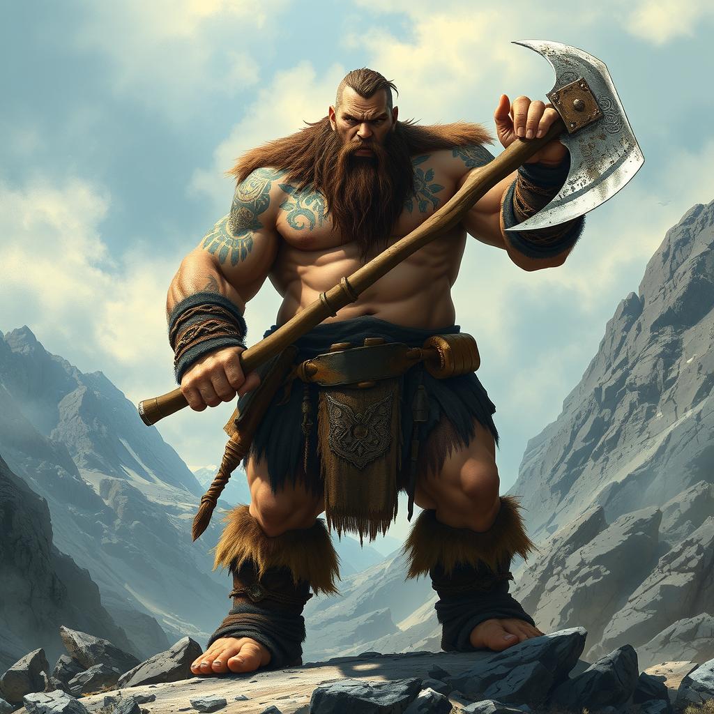 A towering Goliath barbarian wielding a massive battle axe, standing in a rugged mountainous terrain