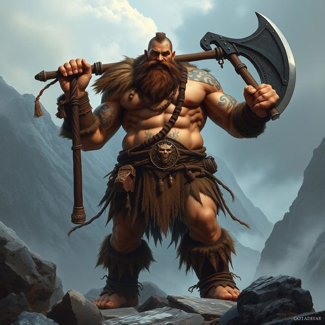 A towering Goliath barbarian wielding a massive battle axe, standing in a rugged mountainous terrain