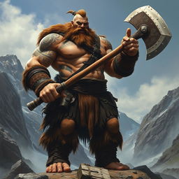 A towering Goliath barbarian wielding a massive battle axe, standing in a rugged mountainous terrain