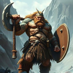 A towering Goliath barbarian wielding a massive battle axe, standing in a rugged mountainous terrain