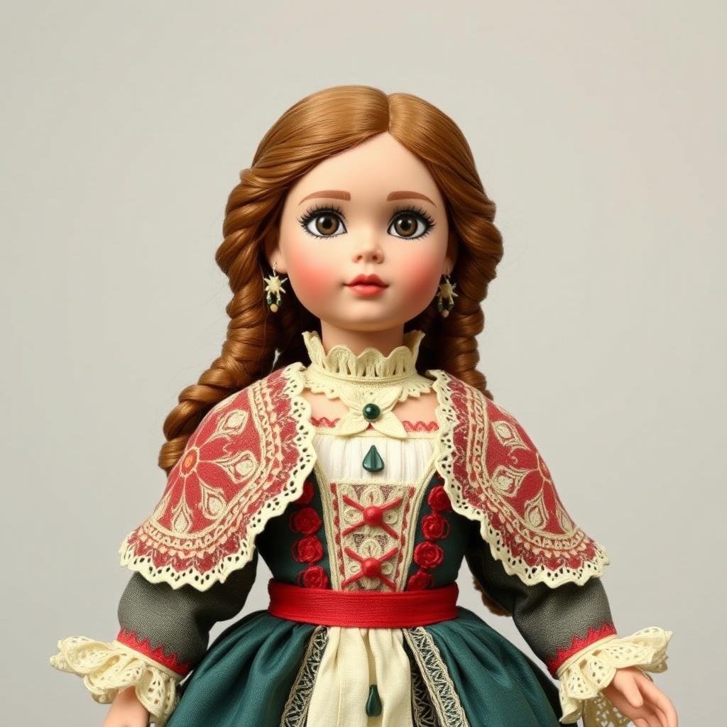 A detailed and beautifully crafted doll with intricate clothing and lifelike features