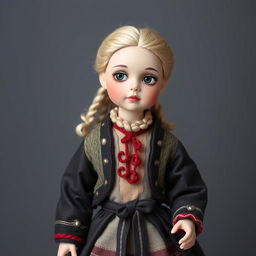 A detailed and beautifully crafted doll with intricate clothing and lifelike features