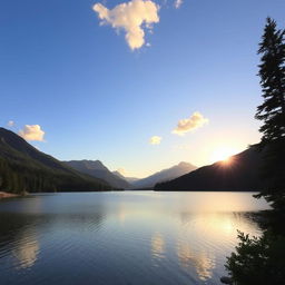 A beautiful landscape featuring a serene lake surrounded by lush forests and mountains in the background