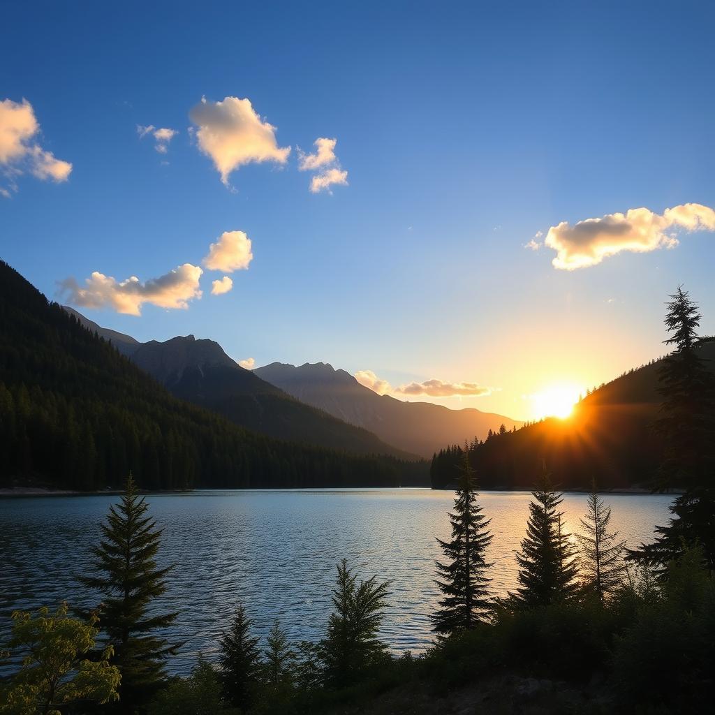 A beautiful landscape featuring a serene lake surrounded by lush forests and mountains in the background