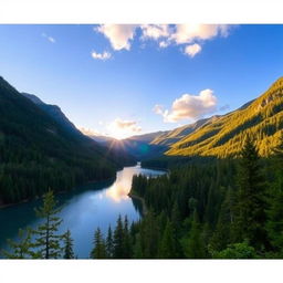 A beautiful landscape featuring a serene lake surrounded by lush forests and mountains in the background