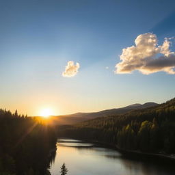 A beautiful landscape featuring a serene lake surrounded by lush forests and mountains in the background