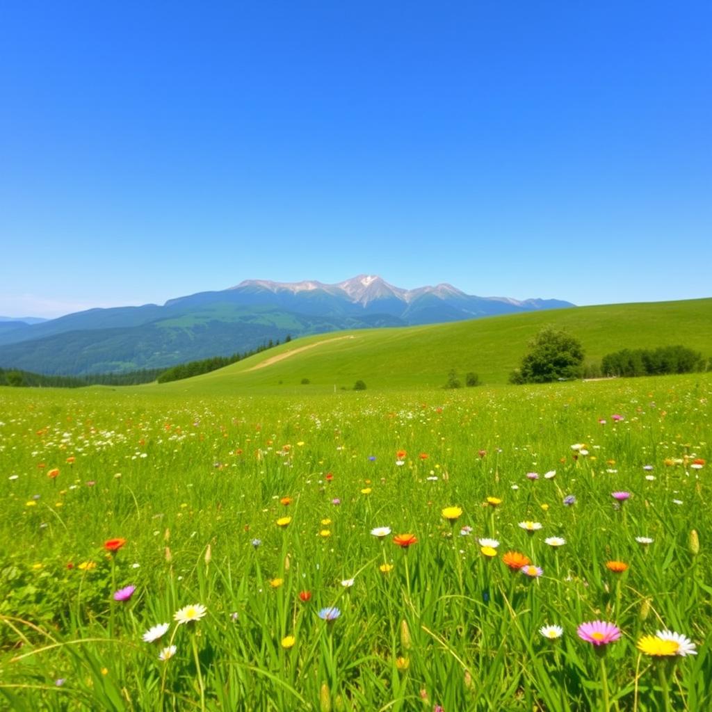 A serene landscape featuring a lush green meadow with colorful wildflowers, a clear blue sky, and a distant mountain range