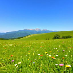 A serene landscape featuring a lush green meadow with colorful wildflowers, a clear blue sky, and a distant mountain range