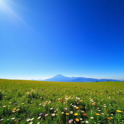 A serene landscape featuring a lush green meadow with colorful wildflowers, a clear blue sky, and a distant mountain range